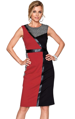 BY220550-2 Red Black Asymmetric Patchwork Leather Trim Sheath Dress
